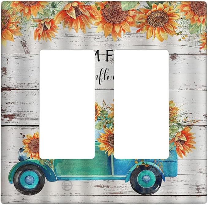 Decorative Outlet Covers Teal Farm Truck Pulling Sunflowers 2 Gang Wall Plate Double Rocker Decora Light Switch Cover Plate Jumbo Dual Electrical GFCI Switch Plate Cover for Farmhouse Decor