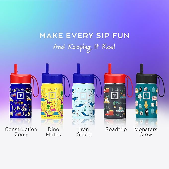 IRON °FLASK Kids Water Bottle - Straw Lid, 20 Name Stickers, Vacuum Insulated Stainless Steel, Double Walled Tumbler Travel Cup, Thermos Mug - Roadtrip, 10 Oz