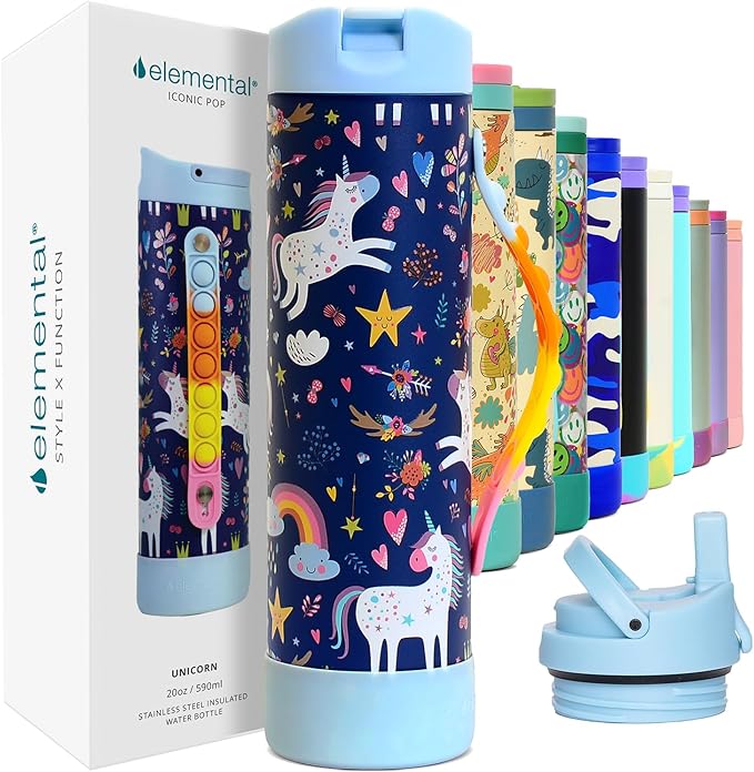 Elemental Iconic Kids Water Bottle for School - 100% Leak-Proof Insulated Water Bottles with Straw Lid & Pop-It Handle for Boys & Girls - Triple-Wall Insulated & BPA-Free, 20oz – Unicorn
