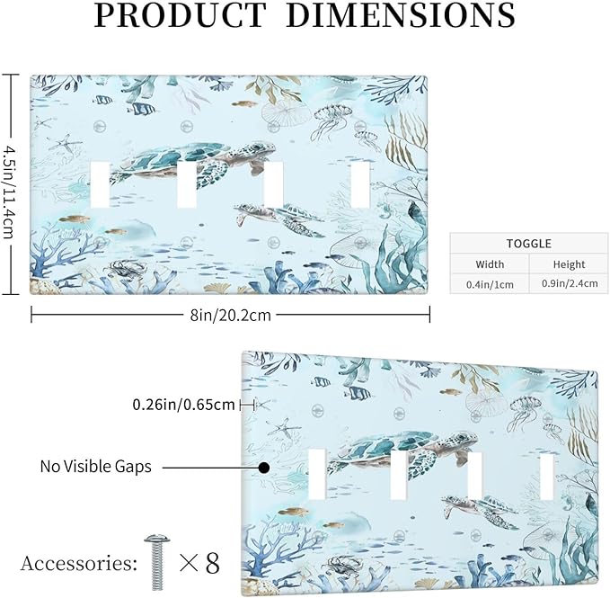 Light Switch Covers Teal Blue Ocean Sea Turtle Seabed Plants Quad Toggle 4 Gang Wall Plate Electrical Faceplate Decorative Switch Plates for Bathroom Kids room Decor