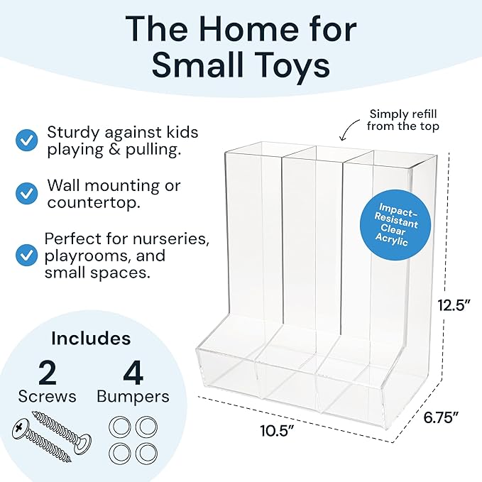 SimplyImagine Triple Acrylic Toy Dispenser for Kids - Self-Serve Snack & Toy Foam Blasters, Car Storage for Wall or Countertop - Clear 3-Compartment Hanging Organizer for Playroom & Nursery - 12.5" H
