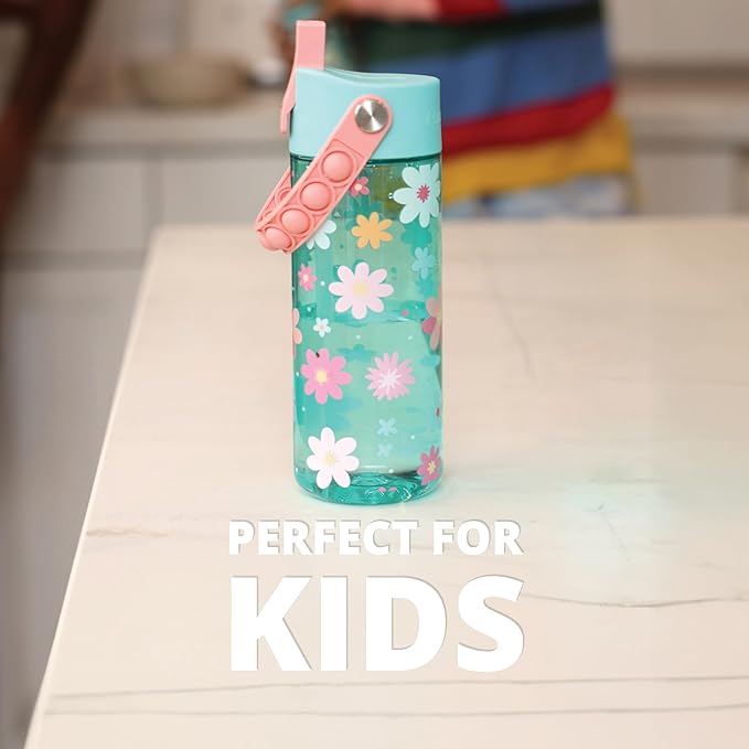 Elemental Leak Proof Water Bottles for Kids - Splash Kids Water Bottle for School with Pop-it Handle - Tritan Plastic Water Bottle with Straw - Stylish Cat & Spring Blossom - 18oz (2 Pack)