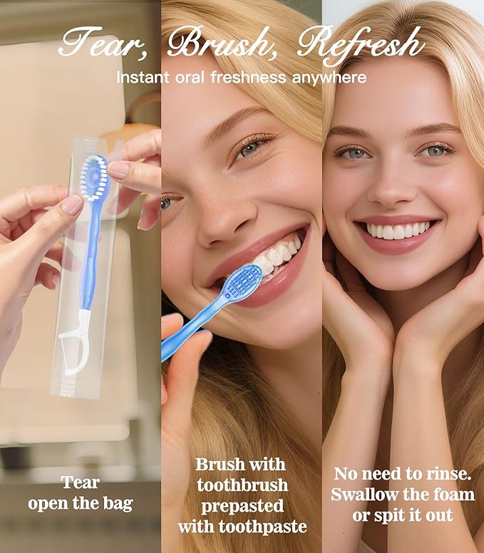 72 Pack 5 in 1 Disposable Mini Toothbrushes with Toothpaste, Floss, Pick & Tongue Scraper, Individually Wrapped, Portable Toothbrush Travel Set for Kids Adults, Mint Flavor