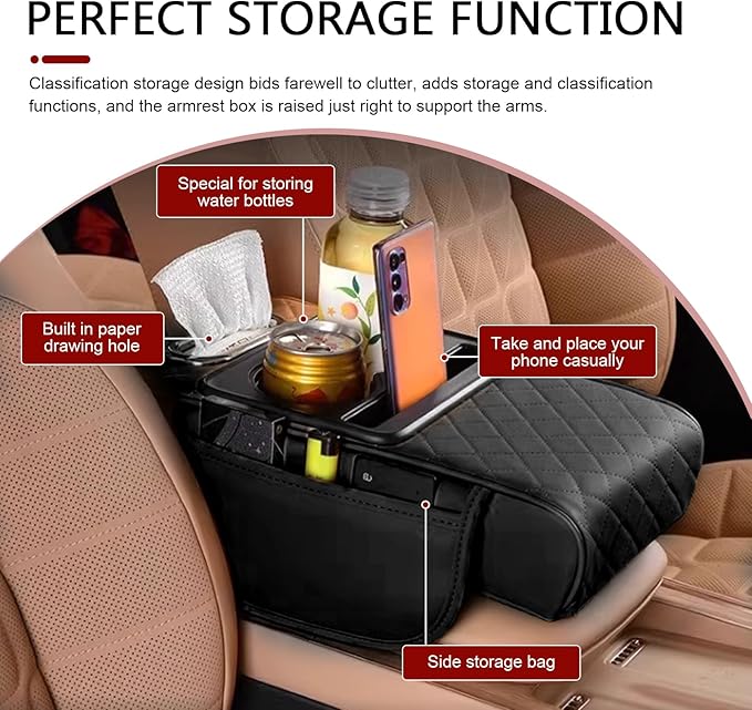 Car Center Console Cover, Upgrade 5-in-1 Genuine Leather Thickened Armrest Box, Armrest Storage Box with Cup, Universal Car Accessories Interior Organizers, for Most Cars (Black)