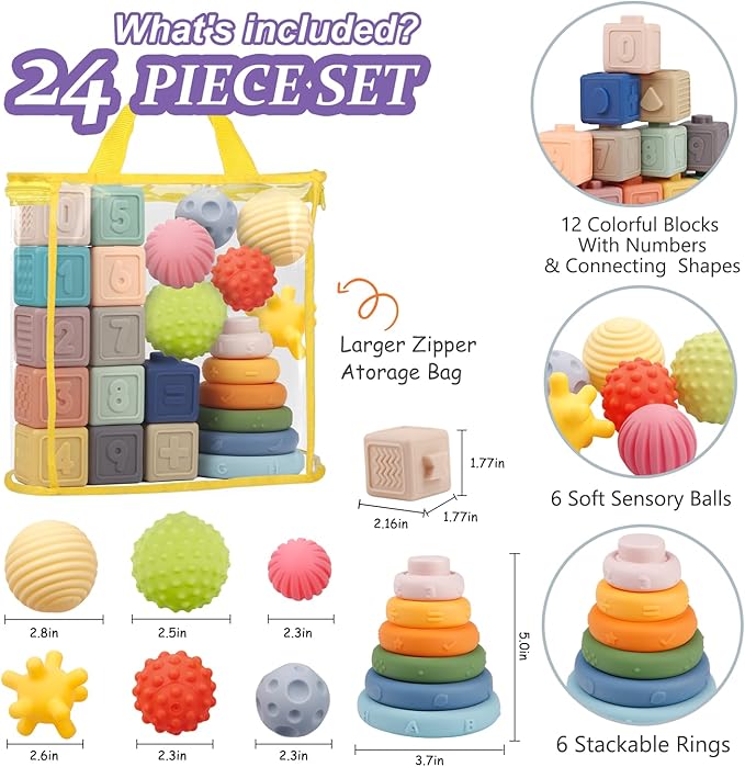 Montessori Baby Toys - Soft Baby Blocks, Stacking Rings & Sensory Balls, 24Pcs 3-in-1 Teething Toys Set for Babies 6-12 Months, Building Blocks Easter Birthday for Boys Girls
