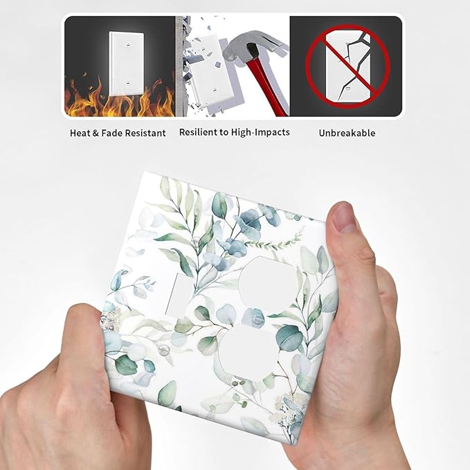 2-Gang 1-Toggle 1-Duplex Combination Wall Plate Watercolor Spring Eucalyptus Green Saga Leaves Nature Botanical Floral Two Combo Double Device Toggle/Outlet Receptacle Light Switch Faceplate Cover