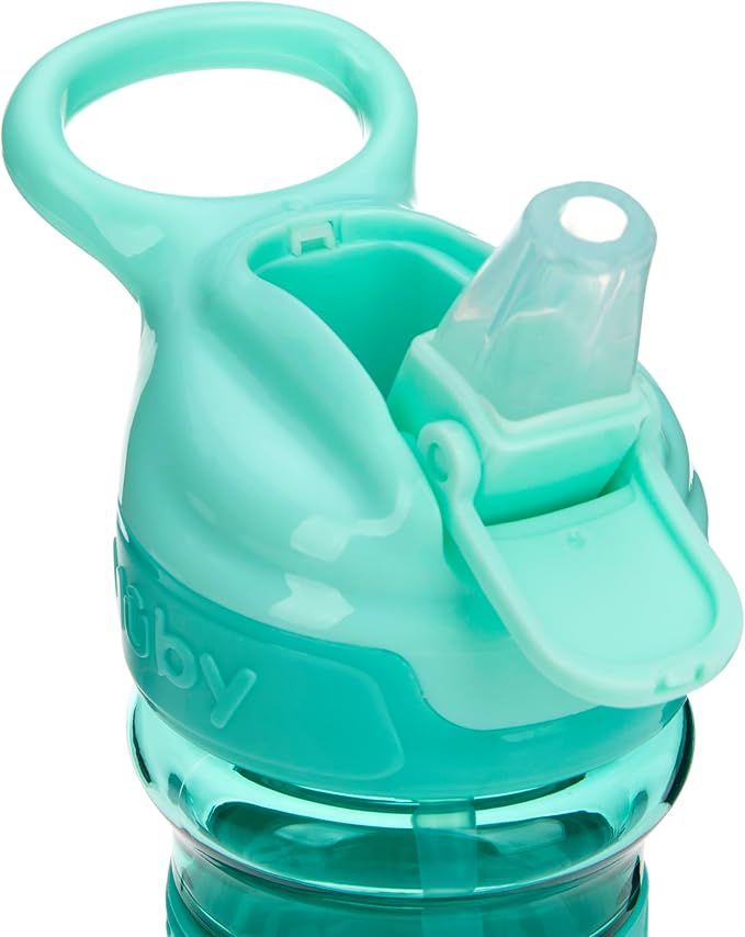 Nuby Thirsty Kids Push Button Flip-it Soft Spout on The Go Water Bottle with Easy Grip Band, 12oz, Narwahl