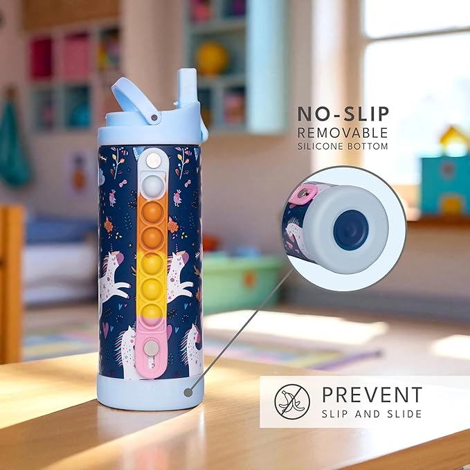 Elemental Iconic Kids Water Bottle for School - 100% Leak-Proof Insulated Water Bottles with Straw Lid & Pop-It Handle for Boys & Girls - Triple-Wall Insulated & BPA-Free, 14oz – Unicorn