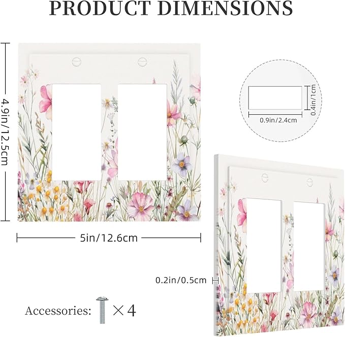 Pink Floral Wild Flowers Watercolor Plants Decorative Outlet Covers 2 Gang Double GFCI Rocker Electrical Wall Panels Light Switch Cover Plate for Bedroom Living Room Decor