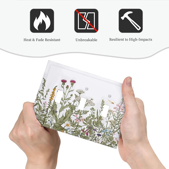 Rustic Wild Floral Vintage Teal Botanical Triple Toggle Light Switch Cover Decorative 3 Gang Wall Plates Electrical Faceplate for Decor Bathroom Kitchen Bedroom