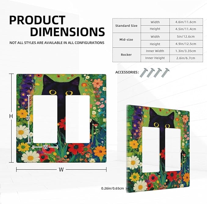 Decorative Art Light Switch Covers BlackCat&Flowers Walk 2 Gang Dual Rocker Outlet Switch plate Faceplate GFCI for Home Decor