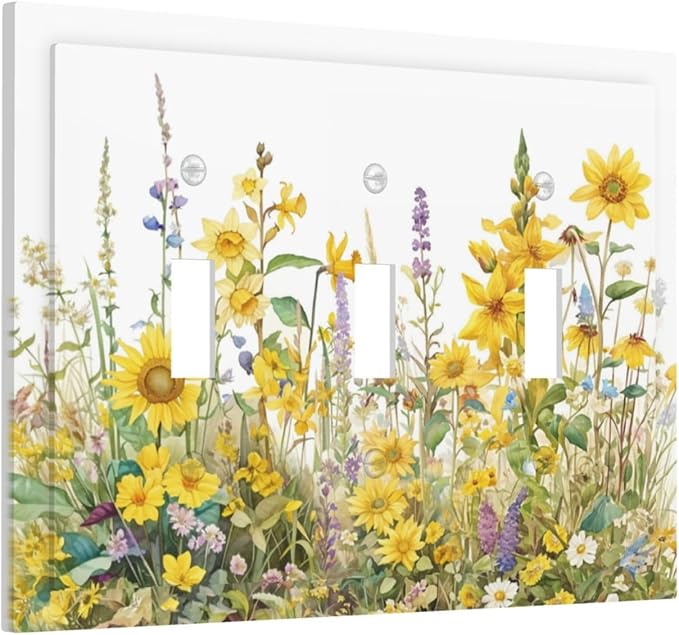 Wildflowers Sunflower Lavender Daisy Floral Decorative Switch Plates 3 Gang Wall Plate Triple Toggle Light Switch Cover Faceplate Electrical Wall Panels for Bedroom Living Room Decor