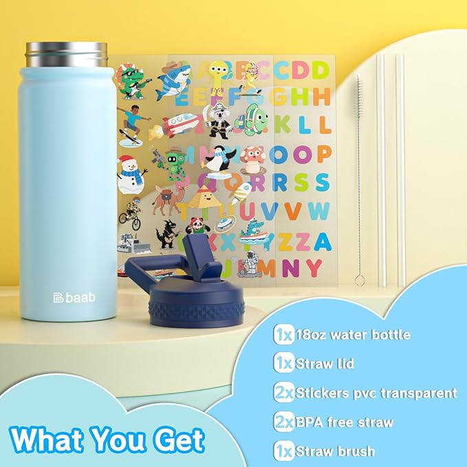baab 18oz Kids Water Bottle, Insulated Water Bottle with Straw & Stickers, 18/8 Stainless Steel Vacuum Leakproof Kids Water Straw Cup for School, Perfect for Boy Girl (Light Blue+Pink, 2 Pack)
