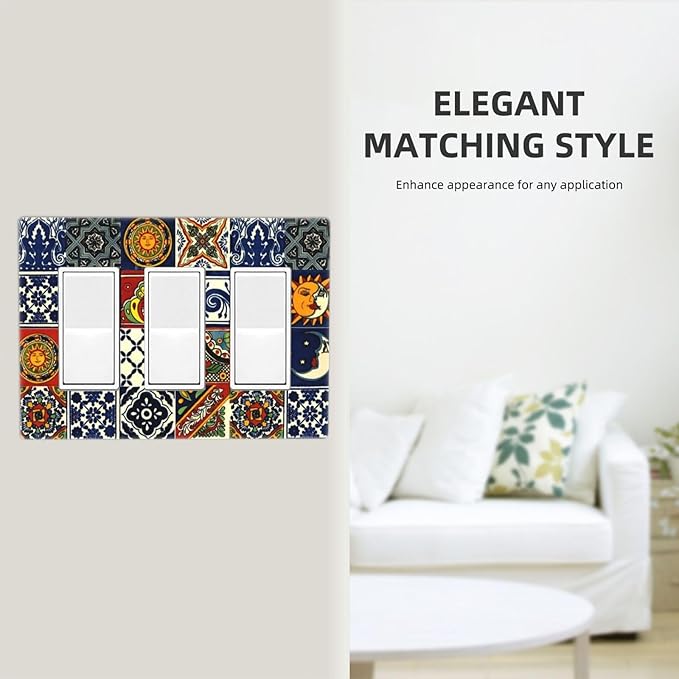 Boho Moroccan Mandala Mexican Tiles Triple Decorator Light Switch Cover 3 Gang GFCI/Rocker Wallplate Decorative Electrical Faceplate Switchplate Dimmer Screwless