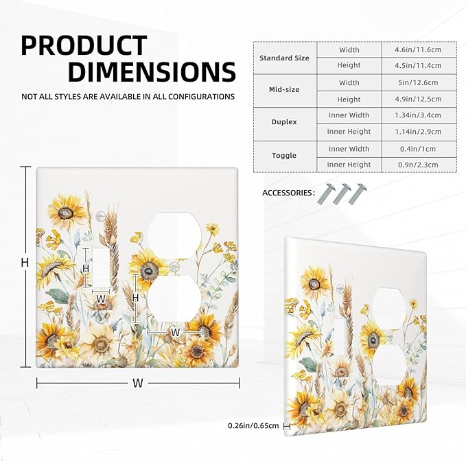 Yellow Floral Sunflowers Wheat Ears Watercolor Wild Flowers Wallplates 1 Toggle 1 Duplex Switch Plate Electrical GFCI Faceplate Decorative Light Switch Covers for Bedroom Living Room Decor