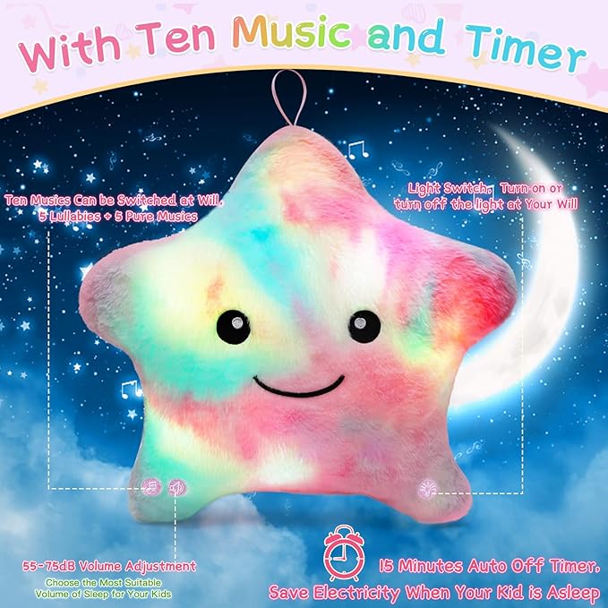 Subao Sensory Toys for Toddlers,14" Toddler Pillow with Light & Music,Plush Star Night Light for Kids Autism Sensory Products,Birthday Xmas Easter Gifts for 3 4 5 6 7 8 9 10 Year Old Girls Colorful