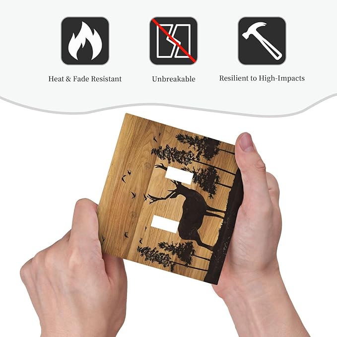 Elk Moose Forest Hunting Pyrography Art Wood Texture Print Decorative Switch Plates 2 Gang Double Toggle Outlet Light Switch Cover Wall Plate Electrical Faceplate for Farmhouse Bedroom Decor