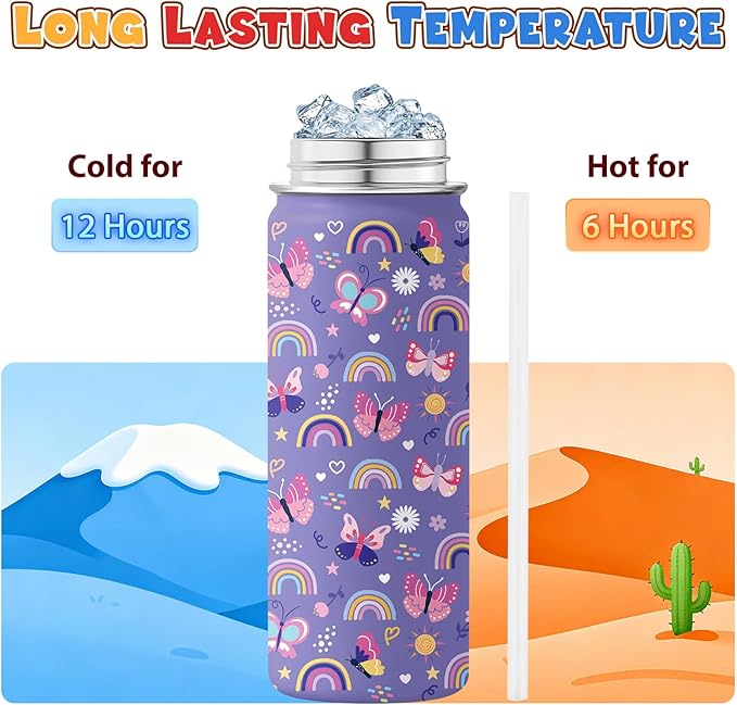 Butterfly Gifts - 18oz Purple Kids Water Bottle with Straw Lid, Stainless Steel Insulated Bottle, Leakproof, BPA-Free, for Girls, School, Travel - Butterfly Rainbow Themed Birthday Gift Cup (1pc)