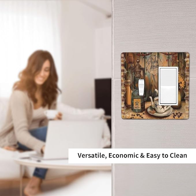 Decorative Outlet Covers Vintage Coffee Pot Star Farmhouse Wood Plank 2 Gang 1 Gang Wall Plate Single Toggle Rocker Device Combination Light Switch Cover Plate Jumbo Switch Plate Cover