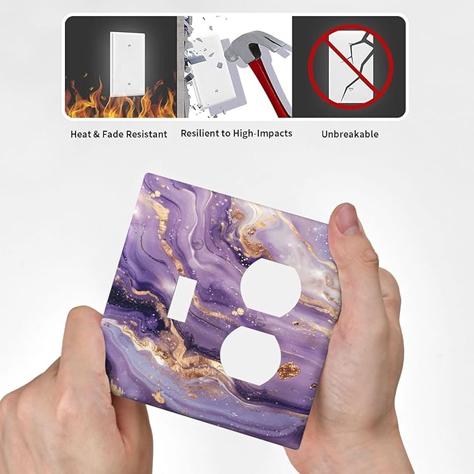 Luxury Marble Texture Purple And Gold Abstract Print Wallplates 1 Toggle 1 Duplex Switch Plate Electrical GFCI Faceplate Decorative Light Switch Covers for Bathroom Home Decor