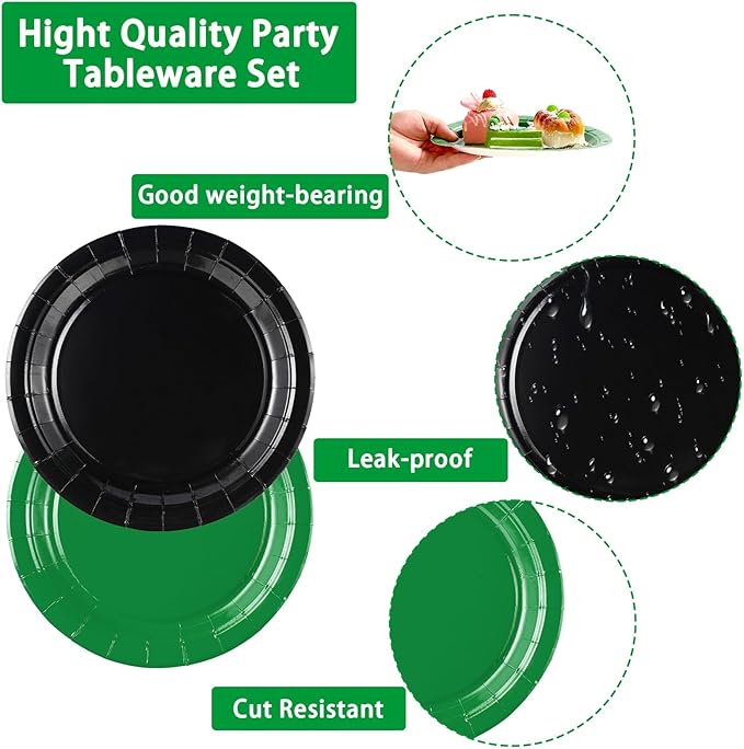 Grencian 96Pcs Green and Black Birthday Decorations Graduation Party Plates and Napkins Solid Color Disposable Heavy Duty Green and Black Tableware Set for Graduation Decorations 2026