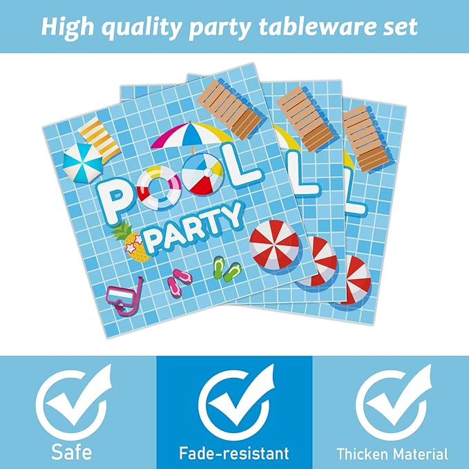 96 Pieces Pool Party Tableware Set for Summer Beach Table Decorations Supplies Beach Ball Birthday Dessert Plates Summer Pool Party Napkins Forks for 24 Guests Hawaiian Pool Birthday Party Favors