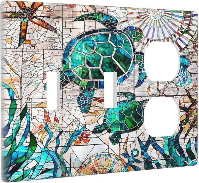 Beach Sea Turtle Ocean Theme 3-Gang 2-Toggle 1-Duplex Receptacle Combination Light Switch Decorative Triple Combo Device Switches/Rocker Outlet Covers and Wall Plate