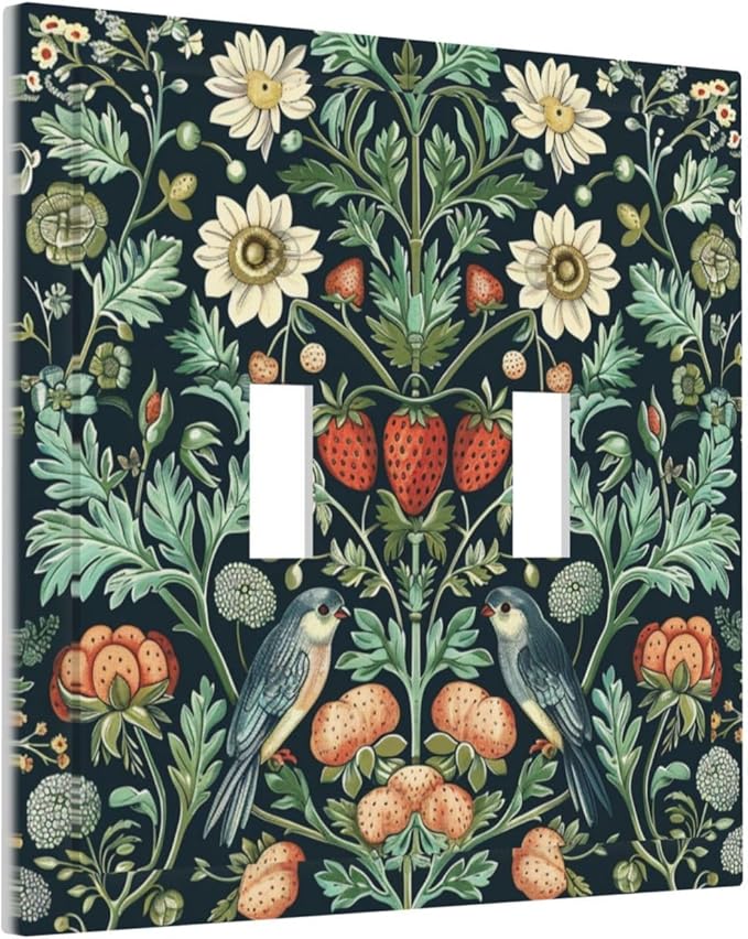 Light Switch Cover Plate Strawberry Birds Flowers Plant Morris Floral 2 Gang Double Toggle Decorative Switch Plates Wall Plates Electrical Faceplate for Bathroom Bedroom Decor