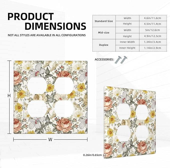 Multicolor Peony Daisy Vintage Floral Flower Outlet Covers 2 Gang Double Duplex Decorative Light Switch Covers Electrical Wallplates Socket Faceplate for Bedroom Living Room Decor