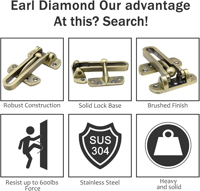 Earl Diamond Door Lock Latch for Home Security - Swing Bar Door Guard for Front and Inside Door, Safety Childproof Reinforcement Door Stopper for Kids Home Hotel Apartment, Antique Bronze