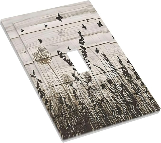 Wildflower Butterfly Grass Dandelion Vintage Wooden Print Decorative Light Switch Cover 1 Gang Single Toggle Device Electrical Faceplate Switchplates Decorator Outlet Wall Plate for Farmhouse Home