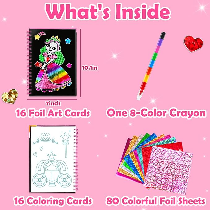 FUNNYB&G Foil Art Craft Kit for Girls 4-10 Years Old: Mess-Free & No-Glue, Create 16 Sparkly Princess Unicorn Pictures – Perfect Travel Toy & Birthday Gift for Kids (Princess)
