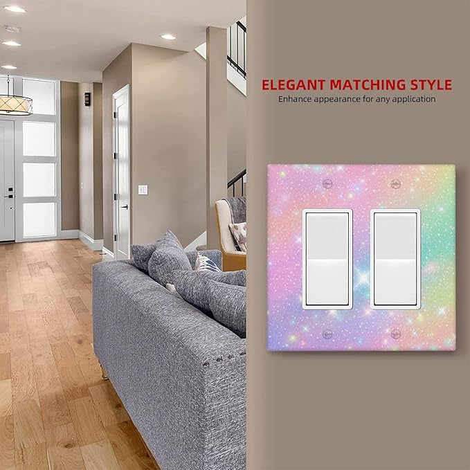 Decorative Outlet Covers Rainbow Shiny Gradient Colors 2 Gang Wall Plate Double Rocker Light Switch Cover Plate Jumbo Dual Electrical GFCI Switch Cover Plate for Kids Room Nursery Decor