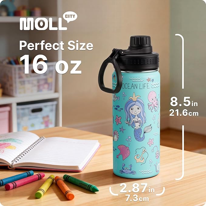 16 oz Water Bottle for Kids -Stainless Steel Double Wall Vacuum Insulated Water Bottle for Girls-Leak Proof, BPA Free-Mermaid