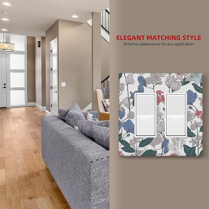 Decorative Outlet Covers Boho Green Leaf Floral Combination 2 Gang Wall Plate Double Rocker Decora Light Switch Cover Plate Jumbo Dual Electrical GFCI Switch Plate Cover for Kitchen Decor
