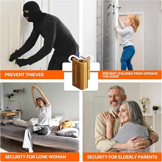 Tonitrui Home Security Door Reinforcement Lock for Front/Inward Swing Doors - Upgraded Reinforced 1200lbs Capacity, Night Kids Safety Metal Flip Deadbolt Latch (4Pack Gold)