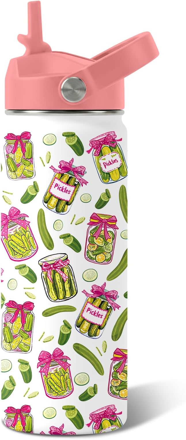 Pickle Gifts for Women - 18 oz Water Bottle with Straw Lid, Stainless Steel Insulated Bottle, Leak Proof, BPA - Free, Cute Pickle Jar Sport Bottles for Travel, Gift Cup for Girl(1pc)