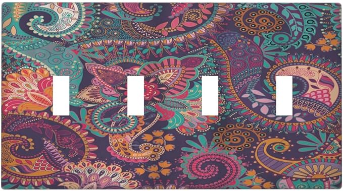 Mandala Boho Paisley Purple Floral Colorful Flower Light Switch Covers Quad Toggle Electrical Faceplate 4 Gang Wall Plate Decorative Switch Plates Cover for Home Bedroom Decor