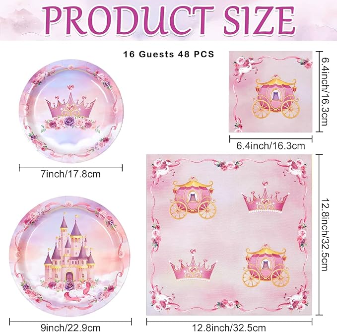 WERNNSAI Princess Party Decorations - 48PCS Princess Birthday Decorations Set Includes Plates Napkins Castle Crown Design for Pink Themed Birthday Party Picnic Wedding Serves 16 Guests