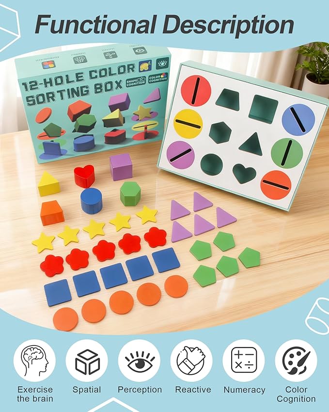 Dementia Activities for Seniors - Geometric,Colors & 12-Hold Color Shape Sorting Box Game | Memory & Cognitive Training Puzzle | Ideal Alzheimer's Sensory Gift for Elderly