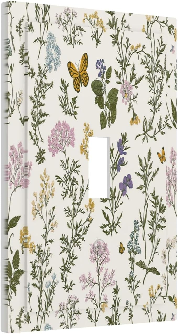 Decorative Light Switch Cover Vintage Colorful Flowers Butterfly Floral 1 Gang Single Toggle Device Electrical Faceplate Switchplates Decorator Outlet Wall Plate For Bed Room Living Room