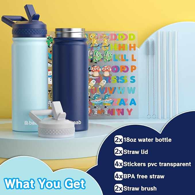 baab 18oz Kids Water Bottle, Insulated Water Bottle with Straw & Stickers, 18/8 Stainless Steel Vacuum Leakproof Kids Water Straw Cup for School, Gift for Boy Girl (Navy Blue+Light Blue, 2 Pack)