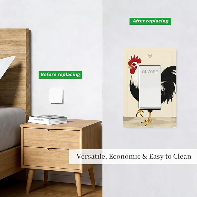 Watercolor Rooster Single Rocker Switch Cover - 1-Gang Standard US Size Farmhouse Rooster Light Switch Covers for Kitchen Living Room Dining Room Decor