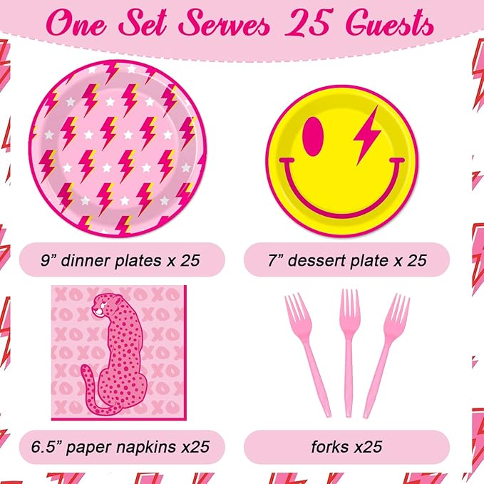 100 Pcs Preppy Party Plates Napkins Forks Supplies Set Disposable Tableware Paper Plates Dinnerware Y2K Girl Bachelorette Party Decoration Favors Serves 25