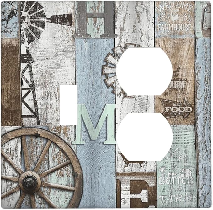 Rustic Western Barn Door Vintage Windmill Wallplates 1 Toggle 1 Duplex Switch Plate Electrical GFCI Faceplate Decorative Light Switch Covers for Farmhouse Home Decor