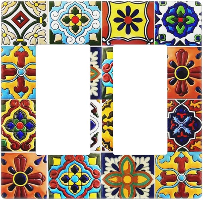 Boho Mexican Moroccan Tile 2 Gang Double GFCI Rocker Rocker/Decorator Light Switch Cover Decorative Outlet Wall Plate Electrical Faceplate Screwless