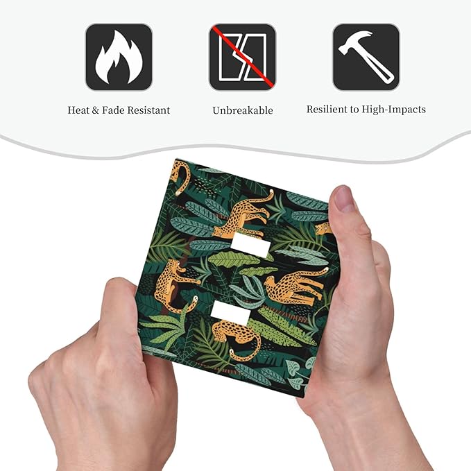 Jungle Cheetah Tropical Wildlife Leopard Green Palm Leaf Decorative Switch Plates 2 Gang Double Toggle Outlet Light Switch Cover Wall Plate Electrical Faceplate for Farmhouse Home Decor