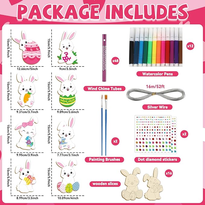 16 Pack Easter Bunny Wind Chime Kits Easter Crafts for Kid Make Your Own Easter Rabbit Wind Chime Wooden DIY Art and Crafts for Spring Party School Classroom Hanging Decoration Supplies Birthday Favor