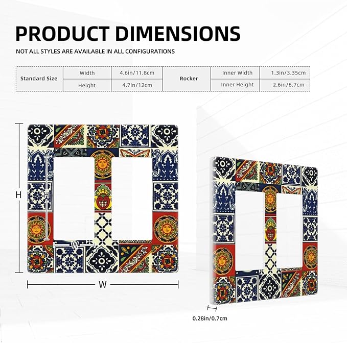 Mystic Aesthetic Blue/Red Boho Sun Moon Tile 2 Gang Double Decorator GFCI/Rocker Wall Plate Mexican Talavera Bohemian Tiles Electrical Outlet Decorative Receptacle Cover Light Switch for Dimmer, USB