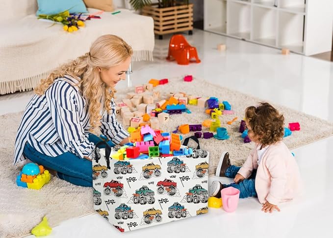 Essme Rectangular Monster Truck Baskets Boys Basket,Kids Storage Bins with Handles for Car Decor, Racing Storage Bin（Monster truck）